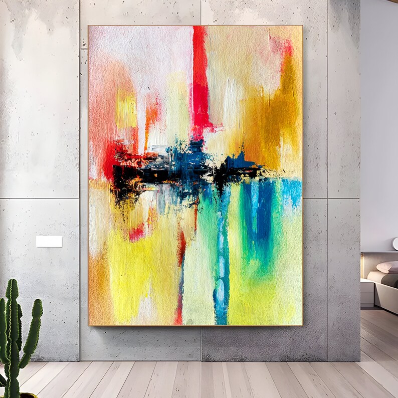 Original Abstract Painting Canvas Wall Art, Bedroom Decor, Large Wall Art, Modern Abstract Art, Yellow Canvas Paintings, Red Textured Art image 7