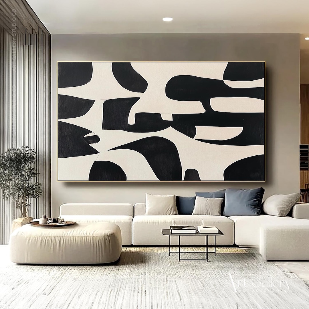 Large Black and White Abstract Painting, Modern Geometric Canvas Art - Etsy