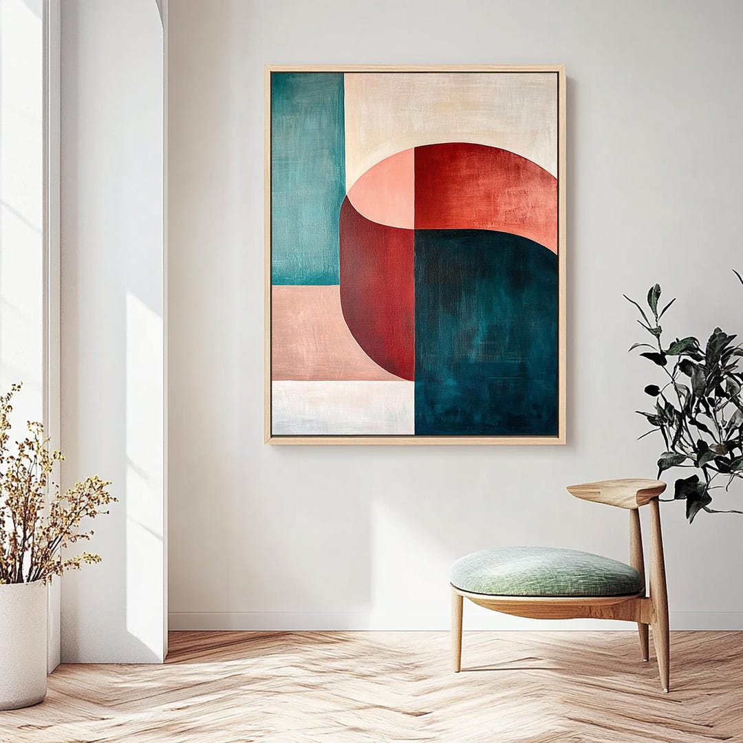 Teal and Red Geometric Abstract Wall Art, Modern Minimalist Canvas ...