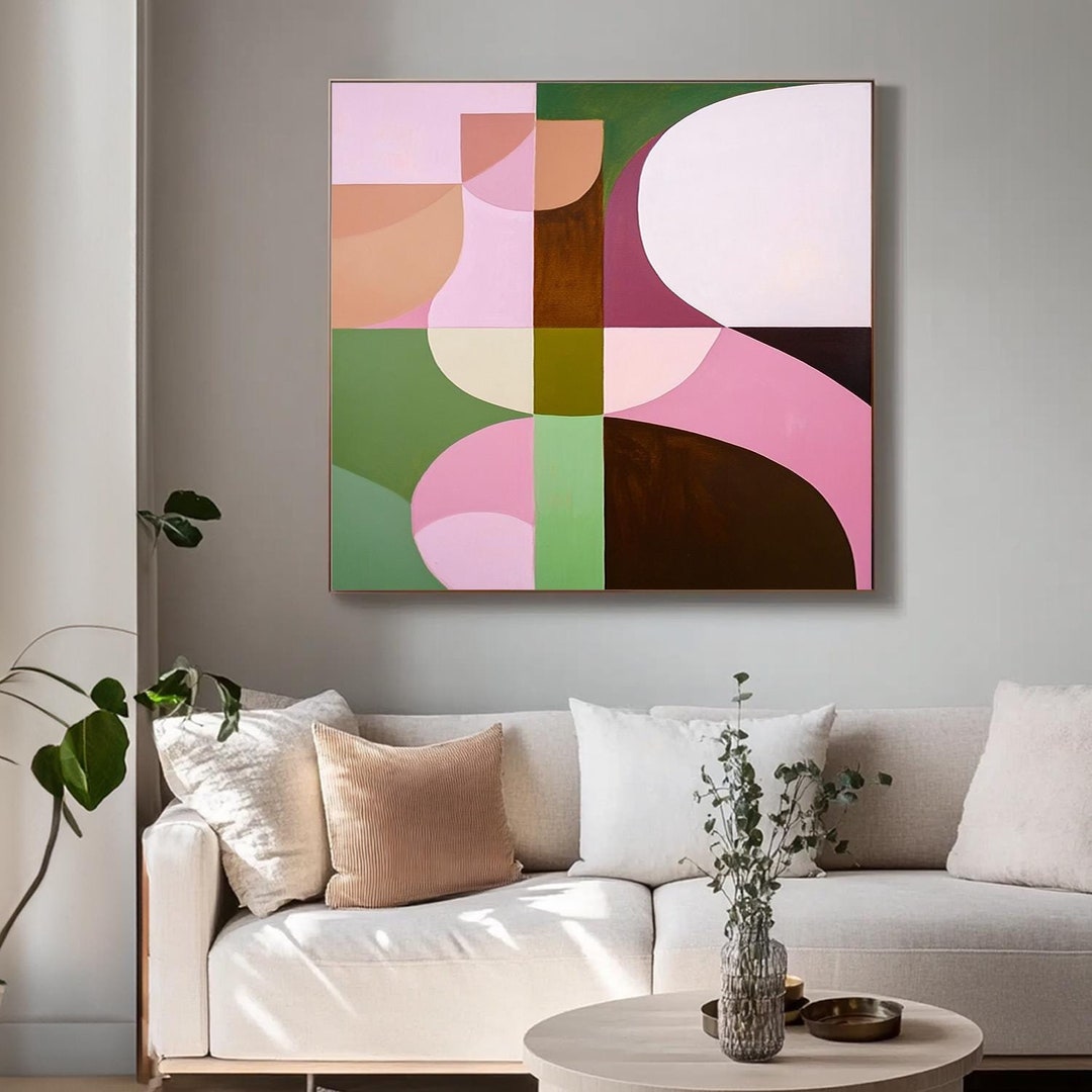 Pink Abstract Wall Art to Buy, Large Geometric Painting on Canvas, Mid ...