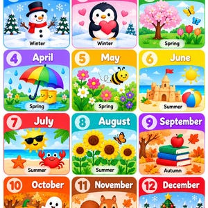 Op de afbeelding: Een kleurrijke educatieve poster getiteld Months of the Year met twaalf genummerde vakjes. Elk vakje toont een maandnaam, een seizoensgebonden illustratie en het bijbehorende seizoen, waaronder een sneeuwpop, pinguïn, bloemen, paraplu, bij, zandkasteel, zon, zonnebloemen, boeken, pompoen, eekhoorn en kerstboom.