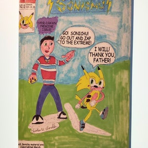 Puede incluir: Una portada de cómic con un personaje amarillo y rojo con un globo de diálogo que dice "GO! SONICHU! GO OUT AND ZAP TO THE EXTREME!" y un personaje amarillo y rojo con un globo de diálogo que dice "I WILL! THANK YOU FATHER!" La portada del cómic se titula "SONICHU" y tiene el texto "HAND-DRAWN PREMIERE ISSUE" en un cuadro morado.