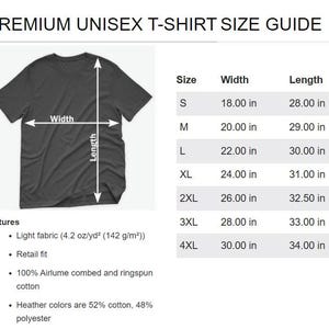 May include: A premium unisex t-shirt size guide featuring a dark gray t-shirt with width and length arrows. A table lists sizes S through 4XL with corresponding measurements in inches. Features include light fabric, retail fit, and material details.