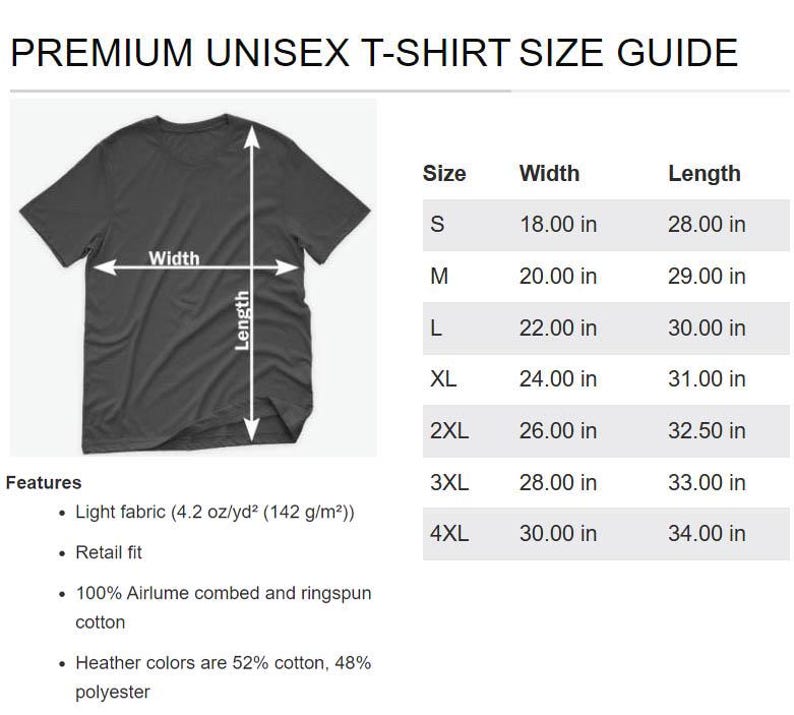 May include: A premium unisex t-shirt size guide featuring a dark gray t-shirt with width and length arrows. A table lists sizes S through 4XL with corresponding measurements in inches. Features include light fabric, retail fit, and material details.
