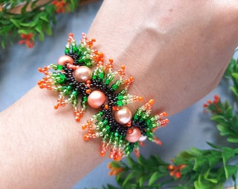 Seed bead bracelet Statement bracelet Orange green leaves jewelry Beadwork bracelet Gift for her
