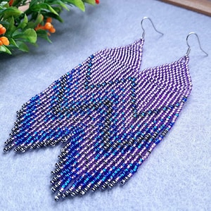 Purple bead earrings Long ombre earrings Seed bead statement boho earrings Handwoven earrings