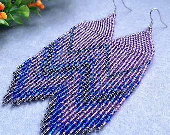 Purple bead earrings Long ombre earrings Seed bead statement boho earrings Handwoven earrings