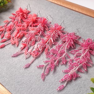 Pink earrings Floral earrings Seed bead earrings Bright flower chandelier earrings Women jewelry Gift for her