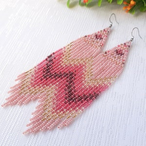 Pink bead earrings fringe Seed bead earrings Statement earrings Long boho earrings for women