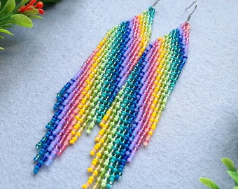 Rainbow bead earrings Seed bead fringe earrings Statement colorful earrings Dangle earrings LGBT pride