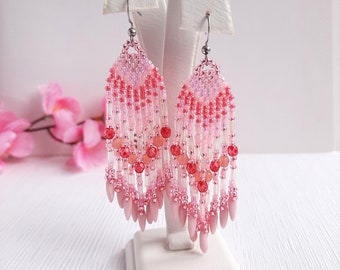 Pink bead earrings fringe Seed bead wrap bracelet Bead jewelry set