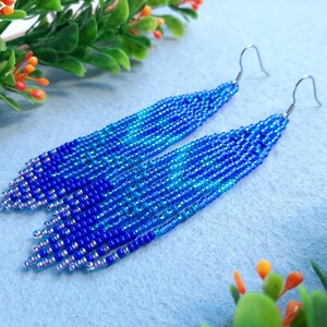 Beaded earrings Dangle blue earrings Boho statement earrings Everyday seed bead earrings Statement jewelry for women