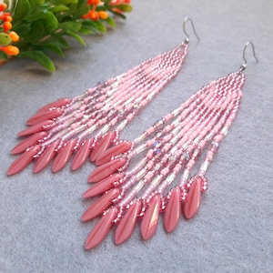Pink Bead earrings Seed bead fringe earrings Statement crystal earrings Spring earrings for women Gift