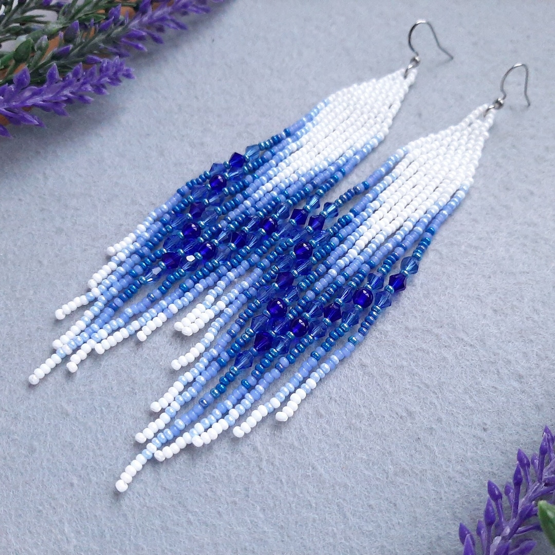 Dangle Bead Earrings Long Fringe Earrings Statement Blue White Boho ...