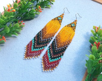 Statement earrings Orange green  ornament earrings Abstract seed bead boho earrings Native earrings for women