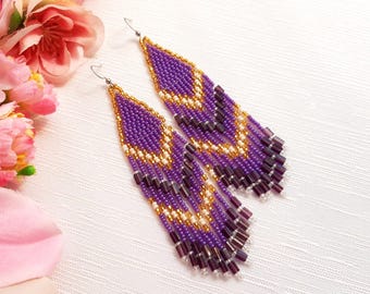 Purple bead earrings Dangle boho earrings Statement fringe earrings Gift