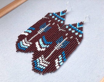 Beaded earrings Long fringe earrings Native dangle earrings Blue feathers earrings Women jewelry gift