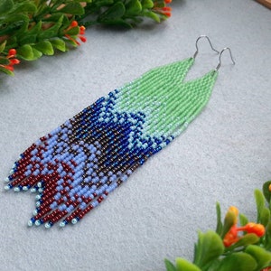 Mint blue earrings Seed bead fringe earrings  Boho earrings Gift for her Women earrings