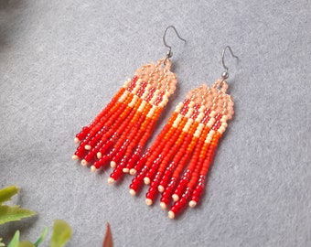 Seed bead earrings Orange red native earrings Dangle boho earrings for women