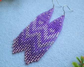 Purple bead earrings Seed bead fringe earrings Lilac chandelier earrings Veri peri earrings Statement earrings