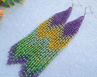 Seed bead fringe earrings Bohemian earring Long dangle purple earrings Earrings for women