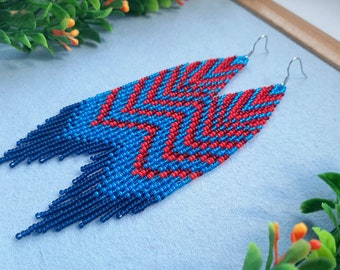 Beaded earrings fringe Blue red feather earrings Statement dangle earrings Long boho earrings