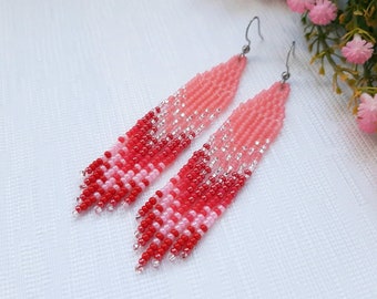 Seed bead fringe earrings Pink bead earrings 3' Gift