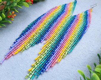 Rainbow bead earrings Seed bead statement earrings Boho/gypsy earrings Dangle earrings for women