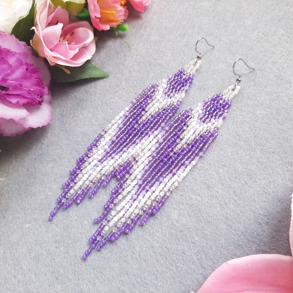 Purple bead earrings Seed bead earrings Long fringe earrings Women earrings Gift for her