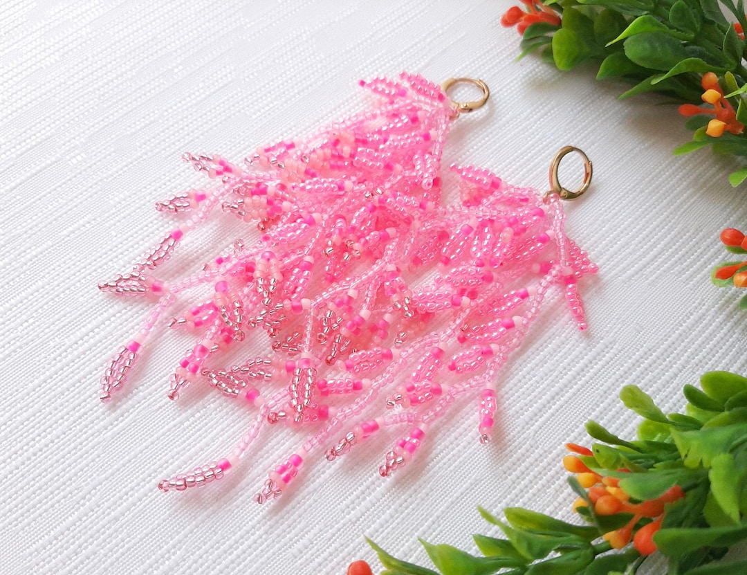 Pink Beaded Earrings Seed Bead Fringe Earrings Beaded Leaves Earrings ...