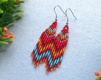 Native bead earrings for women Seed bead earrings Red orange earrings Mini/cute earrings 2in