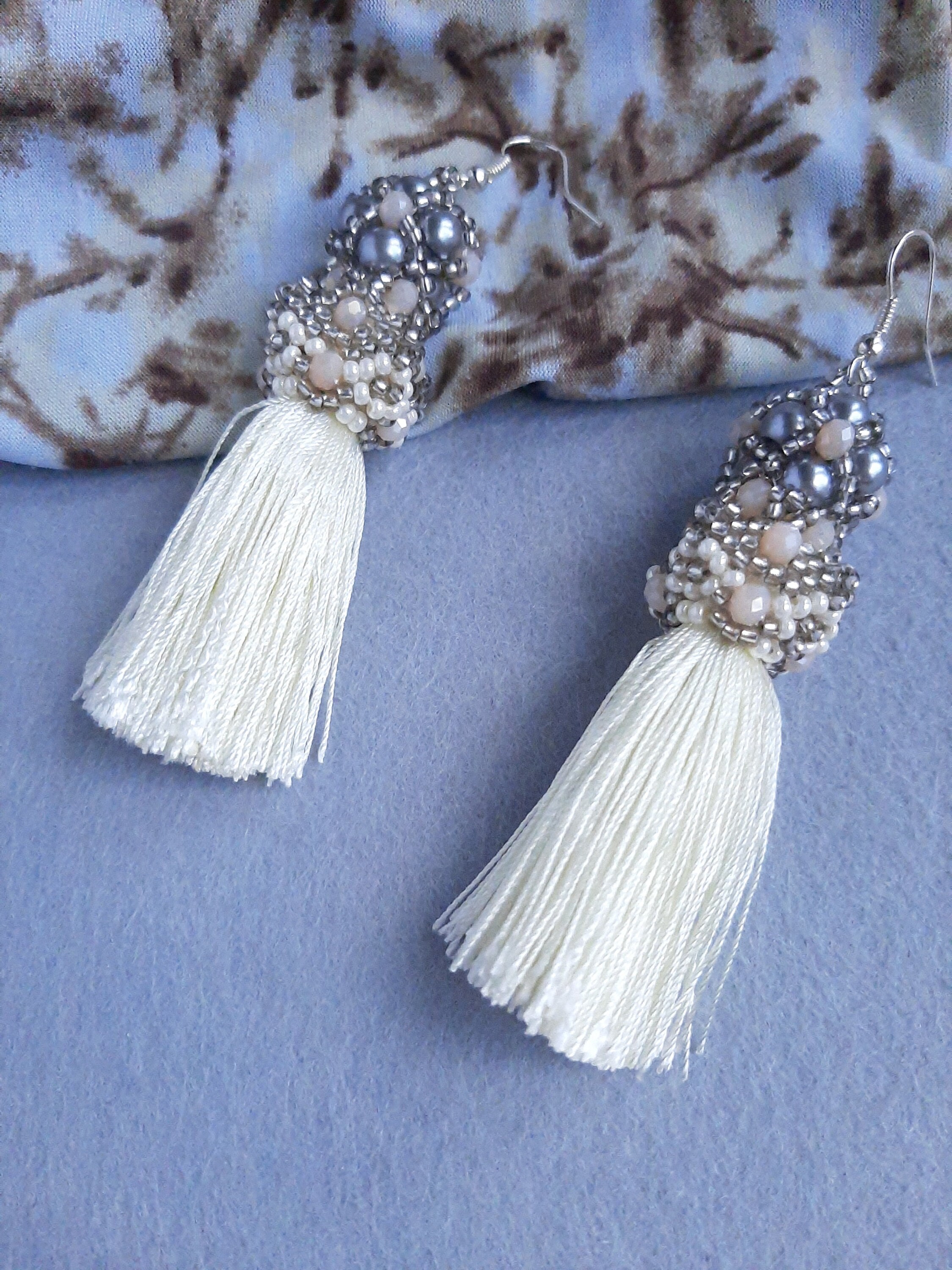 Bead Earrings Tassel Bead Earrings Seed Bead Earrings Beige Etsy UK