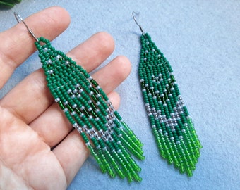 Seed bead fringe earrings Green earrings Gift for her
