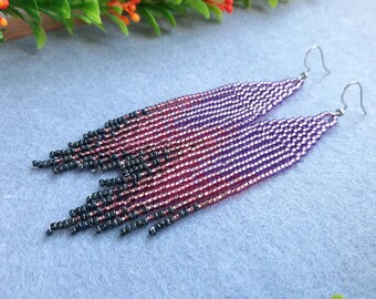 Purple bead earrings Seed bead fringe earrings Native earrings for women