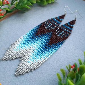 Seed bead earrings Long fringe earrings Statement blue brown ombre earrings Chandelier earrings