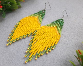 Yellow green fringe earrings Lemon earrings Spring seed bead earrings for women