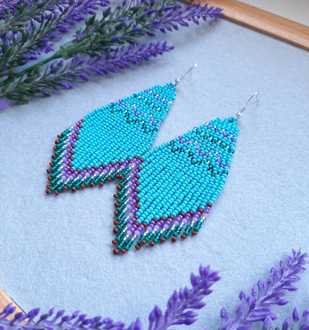 beaded-earrings-long-fringe-earrings-statement-blue-boho-etsy-uk