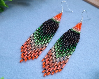 Orange earrings Dangle boho earrings Seed bead earrings Fall season Autumn mix colour Native earrings