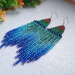 Perlen Ohrringe Lange Statement Ohrringe Blau Grün Berge Boho Fransen Ohrringe Rocailles Perlen Ohrringe