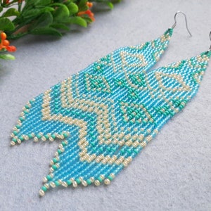Blue statement earrings Seed bead fringe earrings Bright boho earrings Ocean earrings Earrings for women Gift