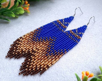 Ombre Bead earrings Long beaded earrings Dangle earrings Blue gold bead earrings Seed bead earrings