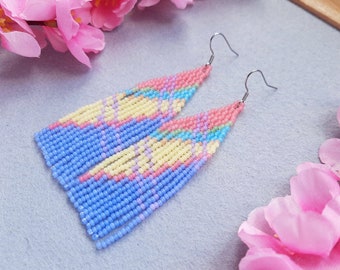 Blue dangle earrings Seed bead ombre  earrings Fringe earrings Abstract earrings Gift for girls