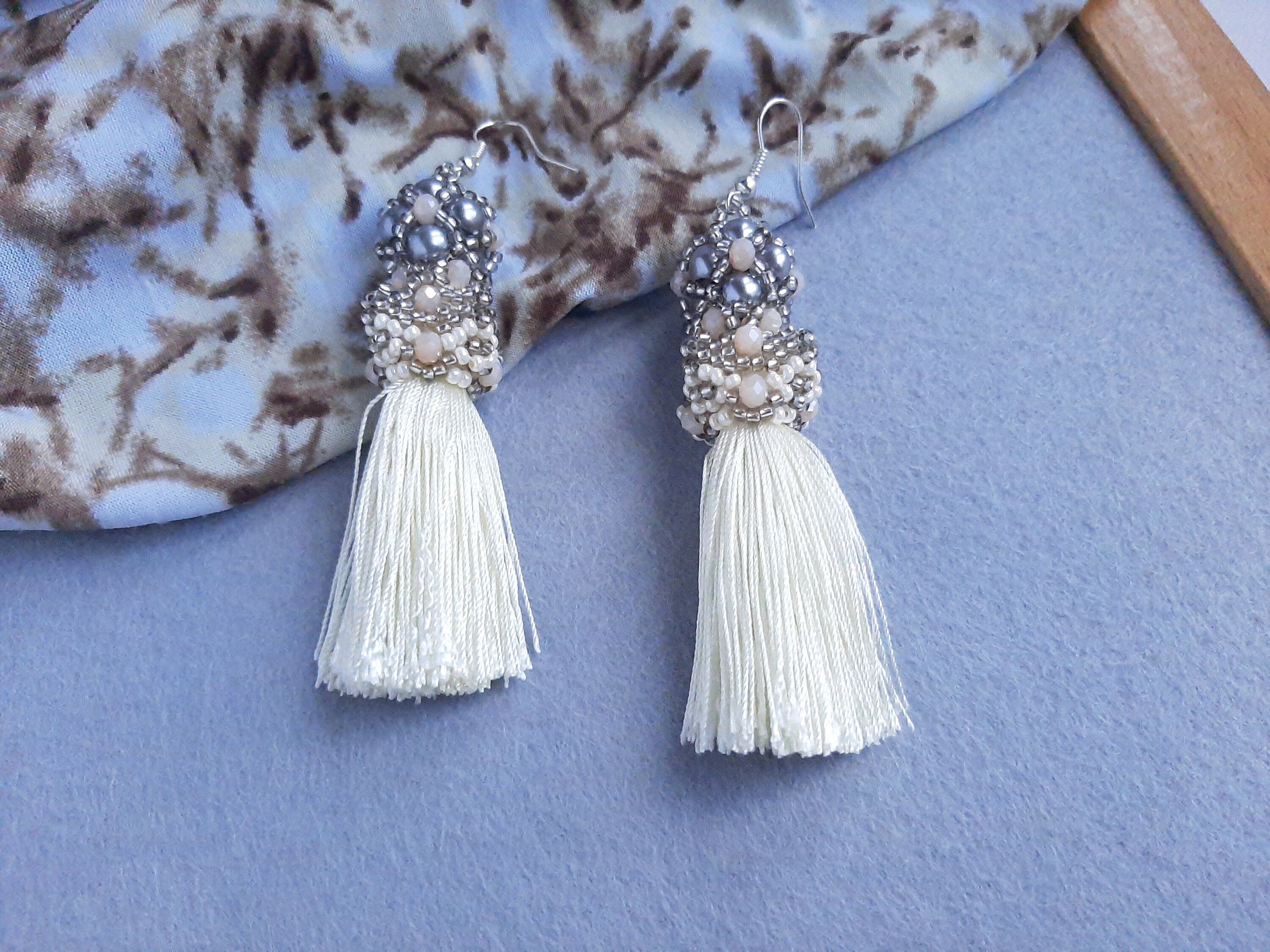 Bead Earrings Tassel Bead Earrings Seed Bead Earrings Beige Etsy UK