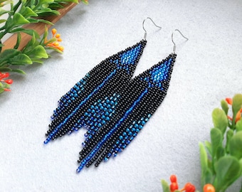 Beaded earrings fringe Statement earrings Black blue boho earrings Native earrings for women