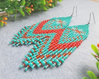 Blue bead earrings Bohemian fringe earring  Native earrings Extra long earring for women  Gift