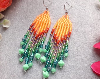 Autumn earrings Seed bead earrings Bright fringe earrings Orange green dangle earrings Gift for girls