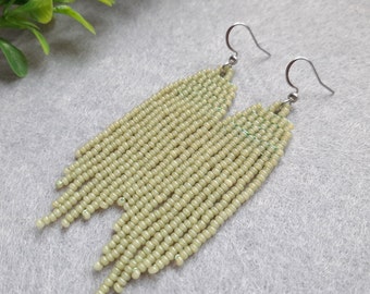 Seed bead fringe earrings Tassel earrings Statement boho jewelry Dangle olive earrings