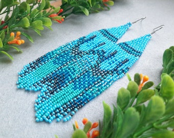 Beaded earrings Seed bead fringe earrings Native earrings for women Blue black earrings Beaded feathers