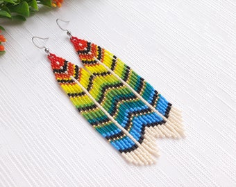 Colorful bead earrings Seed bead fringe earrings for women Blue jay earrings Beaded feathers earrings