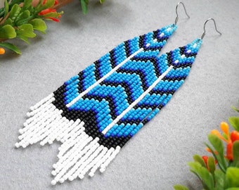 Beaded feathers earrings Seed bead fringe earrings Blue jay bird earrings Native  earrings for women